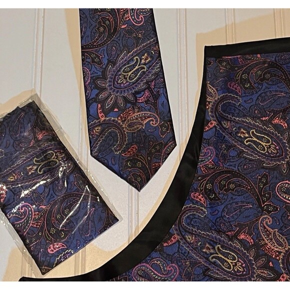 Hisdern Men's 3 Piece Set Brocade Silk Polyester Vest Tie Pocket Square Size XL - Picture 3 of 11